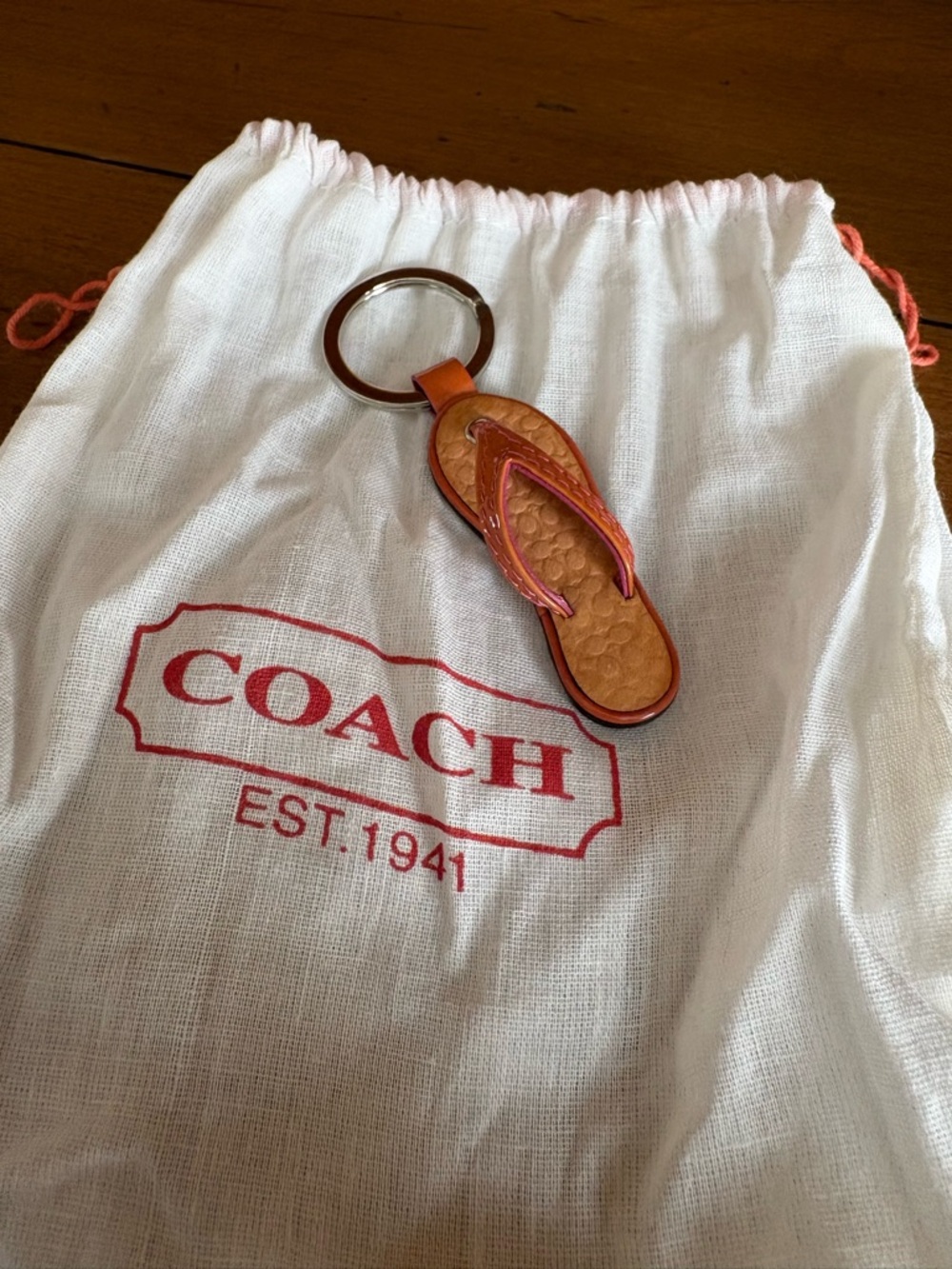 Coach Leather Flip-Flop Keyring in Tan and Coral
